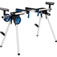 Silver Draper mobile mitre saw stand with blue wheels, extendable arms, and foldable legs.