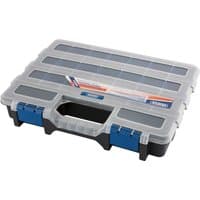 Draper 12" multi-compartment organiser with clear lid, black base, and blue latches, featuring a sturdy handle.