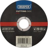 Black Draper cutting disc, 115 x 1.2 x 22.23mm, with red stripe, central hole, and white text detailing specifications.