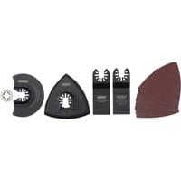 Draper multi-tool blade set, 15 pieces, includes various black and silver blades and sanding pads.