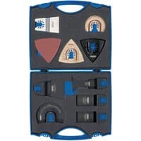 Draper Multi-Tool Blade Set in blue case, includes various blades and sanding pads, organized in foam compartments.