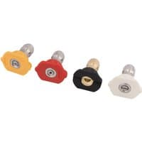 Draper Nozzle Kit for Pressure Washer 14434, includes four colored nozzles: yellow, red, black, and white with metal tips.