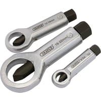 Silver Draper nut splitter set, 9-22mm, three pieces with black cutting blades and labeled size markings.