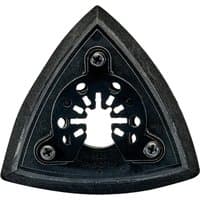Black triangular Draper oscillating multi-tool backing pad with hook and loop surface and central mounting holes.