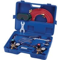 Blue case with Draper Oxyacetylene welding set, hoses, goggles, wrenches, and cutting torch.