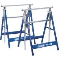 Blue and silver Draper telescopic trestle pair with adjustable height and sturdy metal frame.