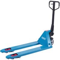Blue Draper pallet truck with black handle, two long forks, and red wheels, 2.5 tonne capacity.
