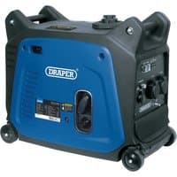 Blue and black Draper petrol inverter generator with control panel and wheels, 2800W capacity.
