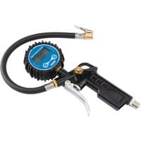 Black Draper pistol-grip digital tyre inflator with blue LCD screen, flexible hose, and brass nozzle.