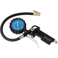 Black Draper pistol-grip tyre inflator with blue dial gauge, flexible hose, and brass connector.