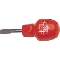 Red Draper chubby screwdriver with flared tip and short 6 x 38mm blade, ergonomic handle.