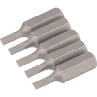 Pack of five silver Draper plain slot insert bits, 3mm wide, 1/4" hex, 25mm long, aligned in a row.
