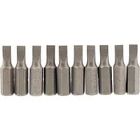 Pack of 10 Draper plain slot insert bits, 4.5mm wide, 25mm long, with 1/4" hex shank, metallic finish.