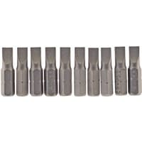 Pack of 10 Draper plain slot insert bits, 5.5mm wide, 1/4" hex, 25mm long, metallic finish, aligned in a row.