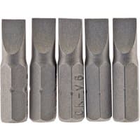 Pack of five Draper plain slot insert bits, 6mm wide, 25mm long, with 1/4" hex shank, metallic finish.