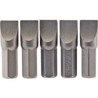 Set of five silver Draper plain slot insert bits, 8.0mm wide, 1/4" hex shank, 25mm long, with smooth finish.