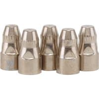 Pack of 5 silver Draper plasma cutter electrodes with cylindrical shape and grooved tops.