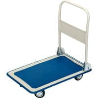 Blue Draper platform trolley with folding white handle, four wheels, and metal frame, 630x480x850mm, 150kg capacity.