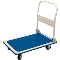 Blue Draper platform trolley with folding white handle, four wheels, and a rectangular base measuring 900x600x850mm.