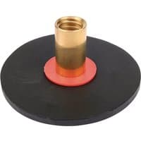 Black rubber plunger with brass threaded connector and red base for drain rods by Draper.