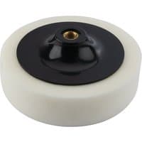 White Draper polishing sponge, 150mm, firm, with black center and M14 threaded hole.