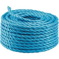 Blue Draper polypropylene rope, 20m length, 8mm thickness, tightly coiled with a smooth, twisted texture.