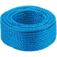 Blue Draper polypropylene rope, 30m length, 6mm thickness, tightly coiled with a smooth, twisted texture.