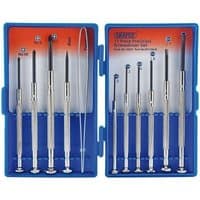 "Draper Precision Screwdriver Set with 11 silver screwdrivers in blue plastic case, includes tweezers and various tips"