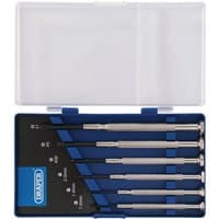 Draper Precision Screwdriver Set with 3 plain slot and 3 cross slot screwdrivers in a blue and black plastic case.