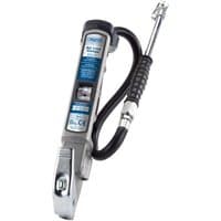 Draper air line inflator with twin connectors, silver body, blue label, black hose, and ergonomic grip handle.