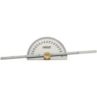 Draper Protractor with Depth Gauge, silver semi-circular scale, brass knob, and long measuring arm.
