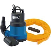 Blue and black Draper submersible clean water pump with yellow layflat hose and black fittings.