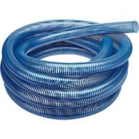 Blue Draper PVC suction hose, 10m length, 75mm diameter, coiled with ribbed texture and transparent design.