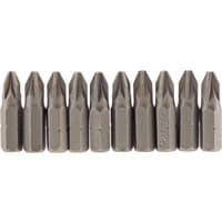 Pack of 10 silver Draper PZ Type Insert Bits, 1/4" hex, 25mm long, No.2, with pointed tips and hexagonal bases.