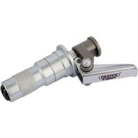 "Draper Quick Release Grease Connector, silver with textured grip and lever handle for easy attachment and release"