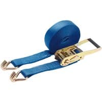 Blue Draper ratchet tie down strap, 8m x 50mm, with metal ratchet and hooks, 2500kg capacity.