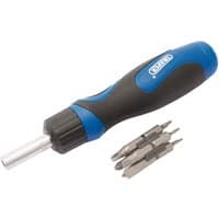 Draper ratcheting screwdriver with black and blue handle, includes 12 interchangeable bits beside the tool.