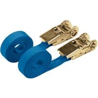 Blue Draper ratcheting tie down straps, 4.5m x 25mm, with gold metal ratchets, 250kg capacity, two-piece set.