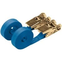 Blue Draper ratcheting tie down straps, 4.5m x 25mm, with gold metal ratchets, 400kg capacity, two pieces.