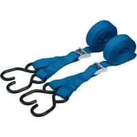 Blue Draper ratcheting tie down straps, 5.0m x 25mm, with black hooks, 125kg capacity, set of two.