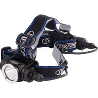 Black and blue Draper rechargeable LED head torch with adjustable straps and a 10W light.