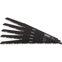 Black Draper reciprocating saw blades for wood, 240mm, 5tpi, pack of 5, with sharp teeth and brand logo.