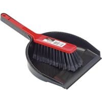 Redline dustpan and brush set with red handle, black bristles, and matching black dustpan with rubber edge.