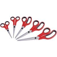 Five-piece Draper Redline scissor set with red and black handles, varying blade lengths, sleek stainless steel finish.