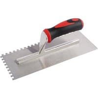 Draper Redline adhesive trowel, 280mm, with a red and black soft grip handle and notched stainless steel blade.
