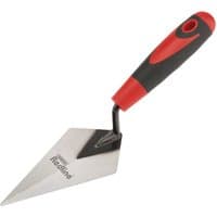 Redline pointing trowel with 150mm steel blade, soft grip red and black handle, and angled neck.