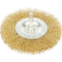 Brass-colored Draper rotary wire brush with circular bristles and central metal shank.