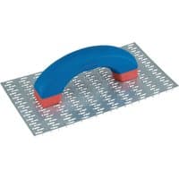 Draper scratch float with blue handle and perforated metal base, measuring 250 x 140mm.