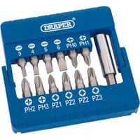 Blue Draper screwdriver set with 12 magnetic bits and holder, labeled slots for flathead, Phillips, and Pozidriv bits.