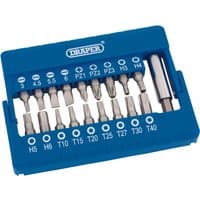 Blue Draper screwdriver set with 19 magnetic bits in various sizes, neatly arranged in a compact case.
